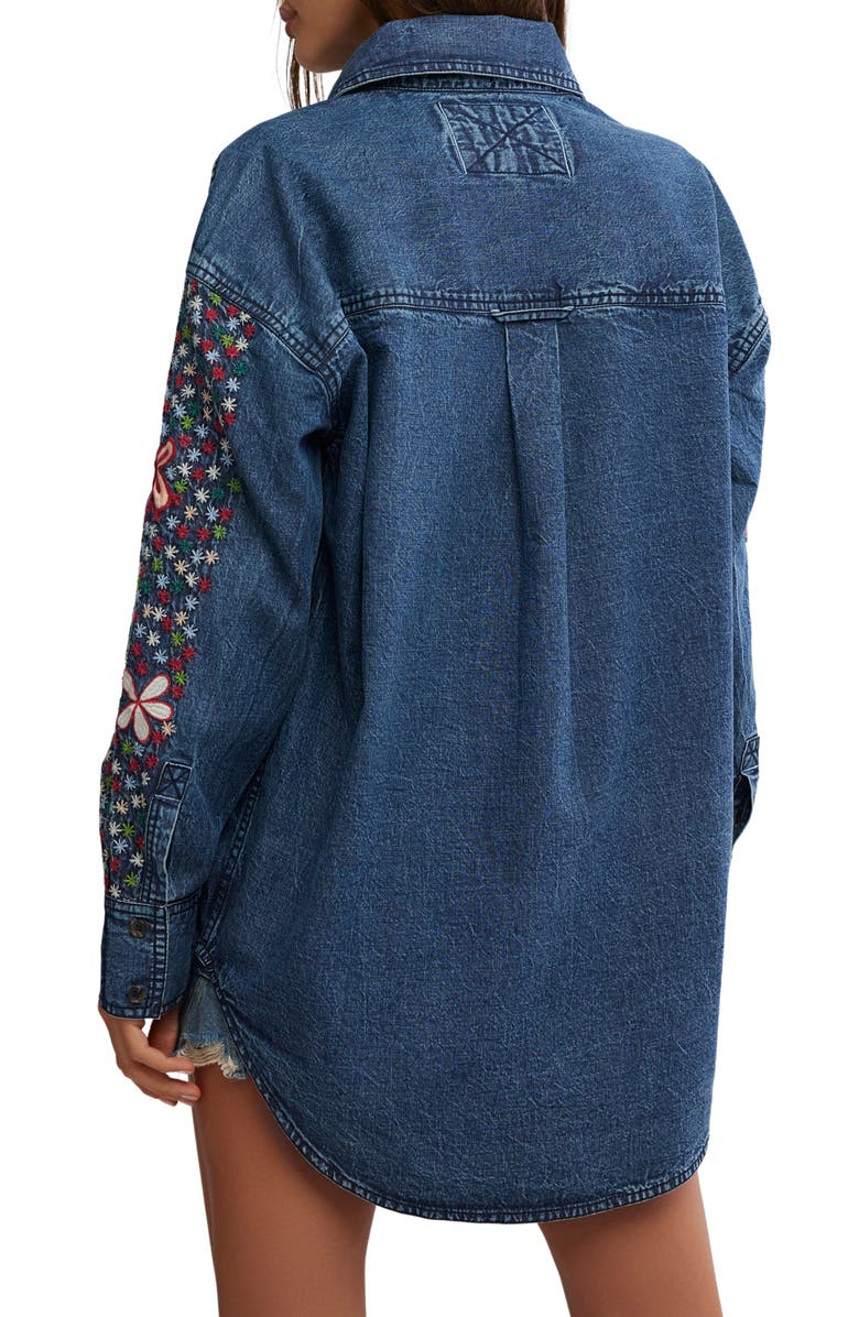 Free People Rainbow Embroidered Denim Shirt, Alternate, color, Rinse Wash