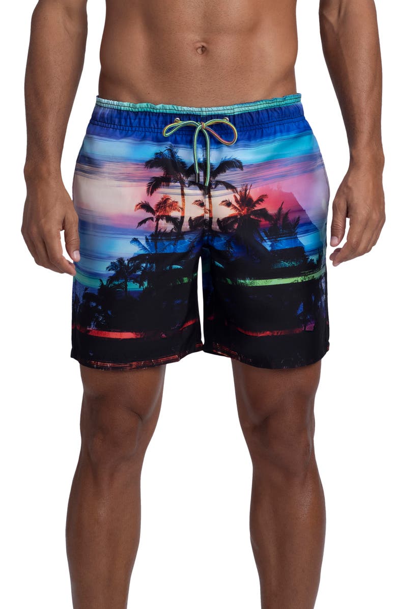 Bugatchi Delano Rainbow Sunset Swim Trunks, Main, color, 