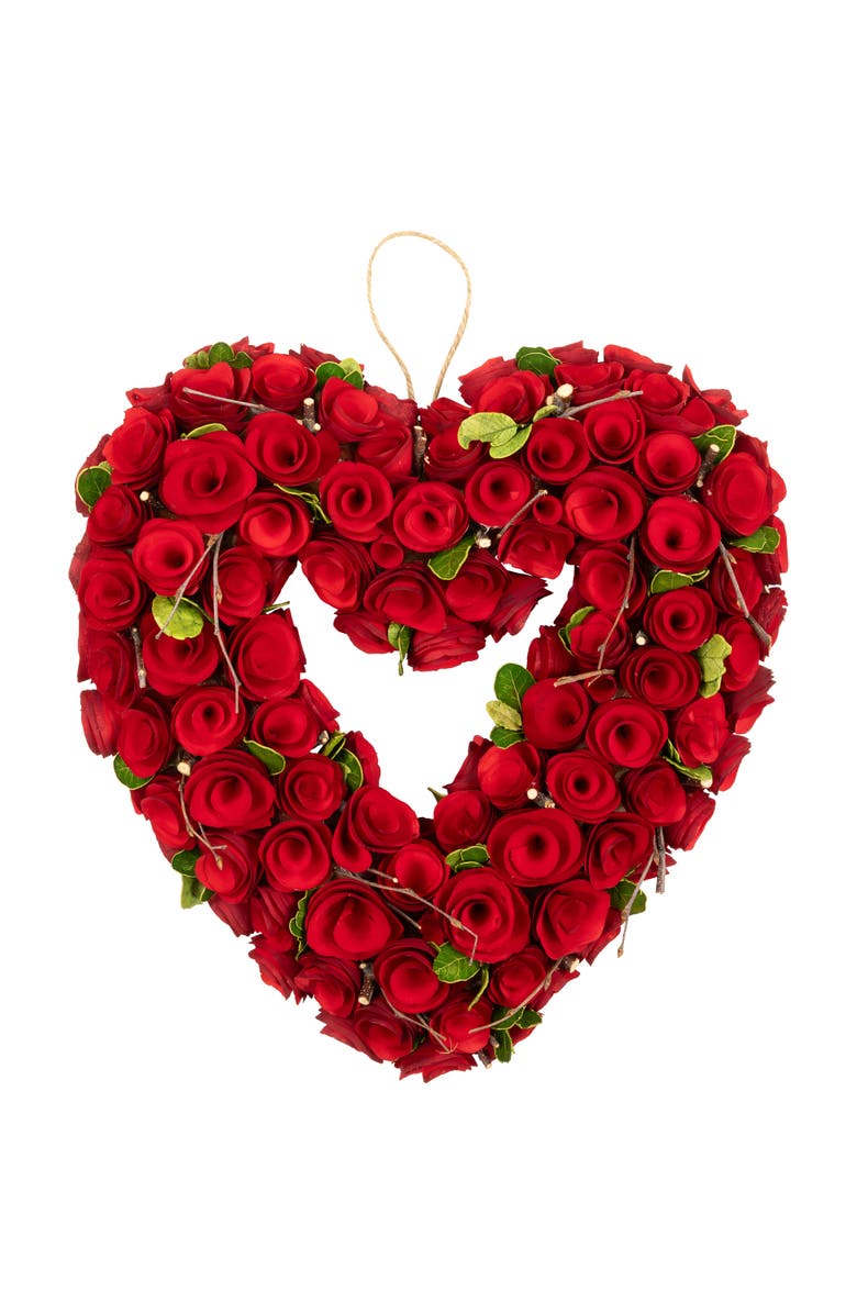 Northlight Wooden Roses Floral Artificial Valentine's Day Heart Wreath - 13.5" - Red, Main, color, Red