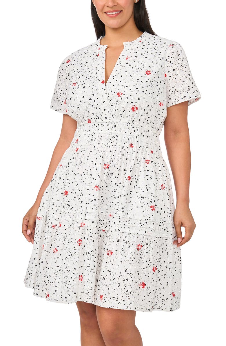 CeCe Floral Print Shirred Cotton Dress, Alternate, color, Ultra White