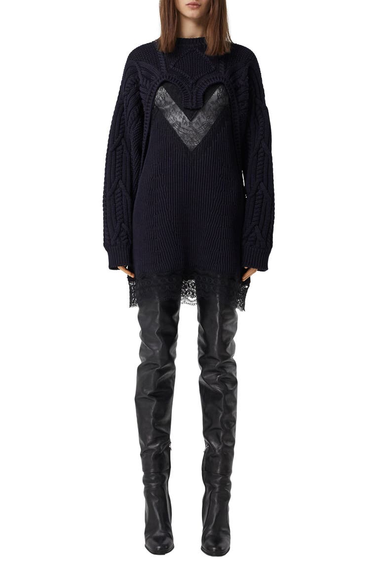 Cable Lace Reconstructed Sweater, Alternate, color, INK BLUE