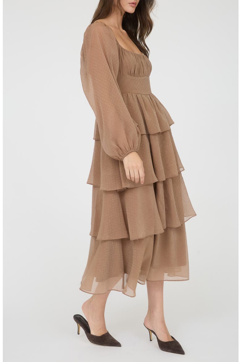 Long Sleeve Tiered Metallic Chiffon Midi Dress, Alternate, color, MOCHA