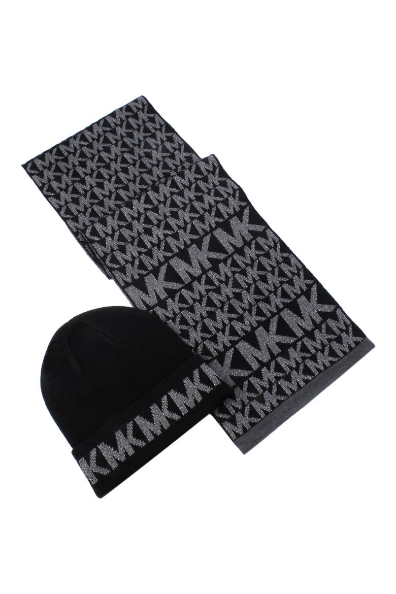 Michael Kors Metallic Logo Beanie & Scarf Set, Main, color, BLACK