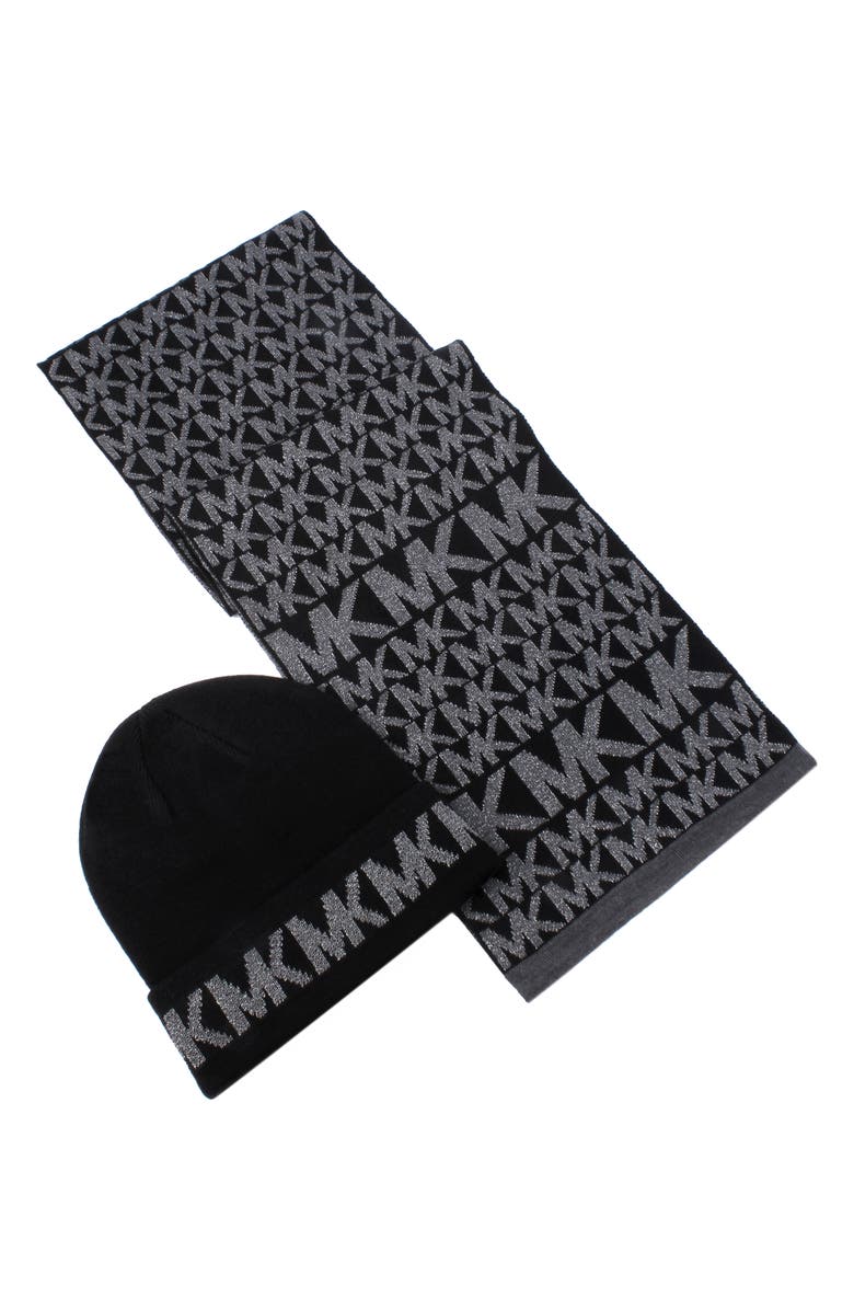 MICHAEL Michael Kors Michael Kors Metallic Logo Beanie & Scarf Set, Main, color, 