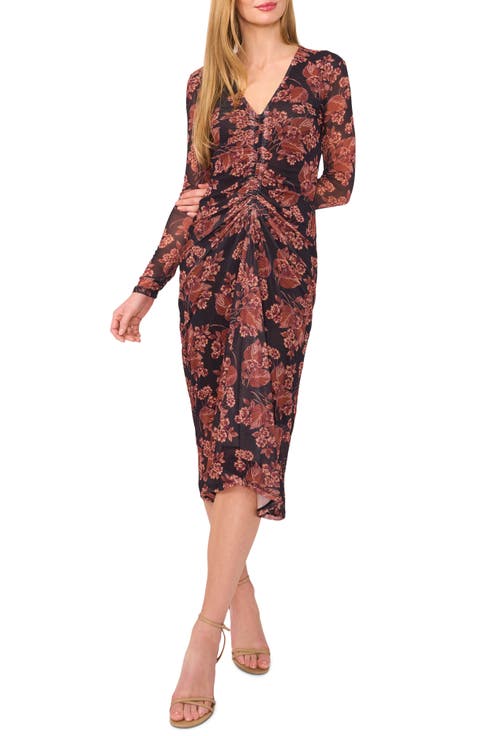 Floral Long Sleeve Center Ruched Midi Dress