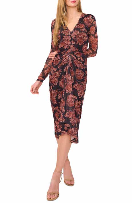 Ted Baker Floral Long Sleeve Center Ruched Midi Dress