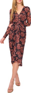Ted Baker Floral Long Sleeve Center Ruched Midi Dress