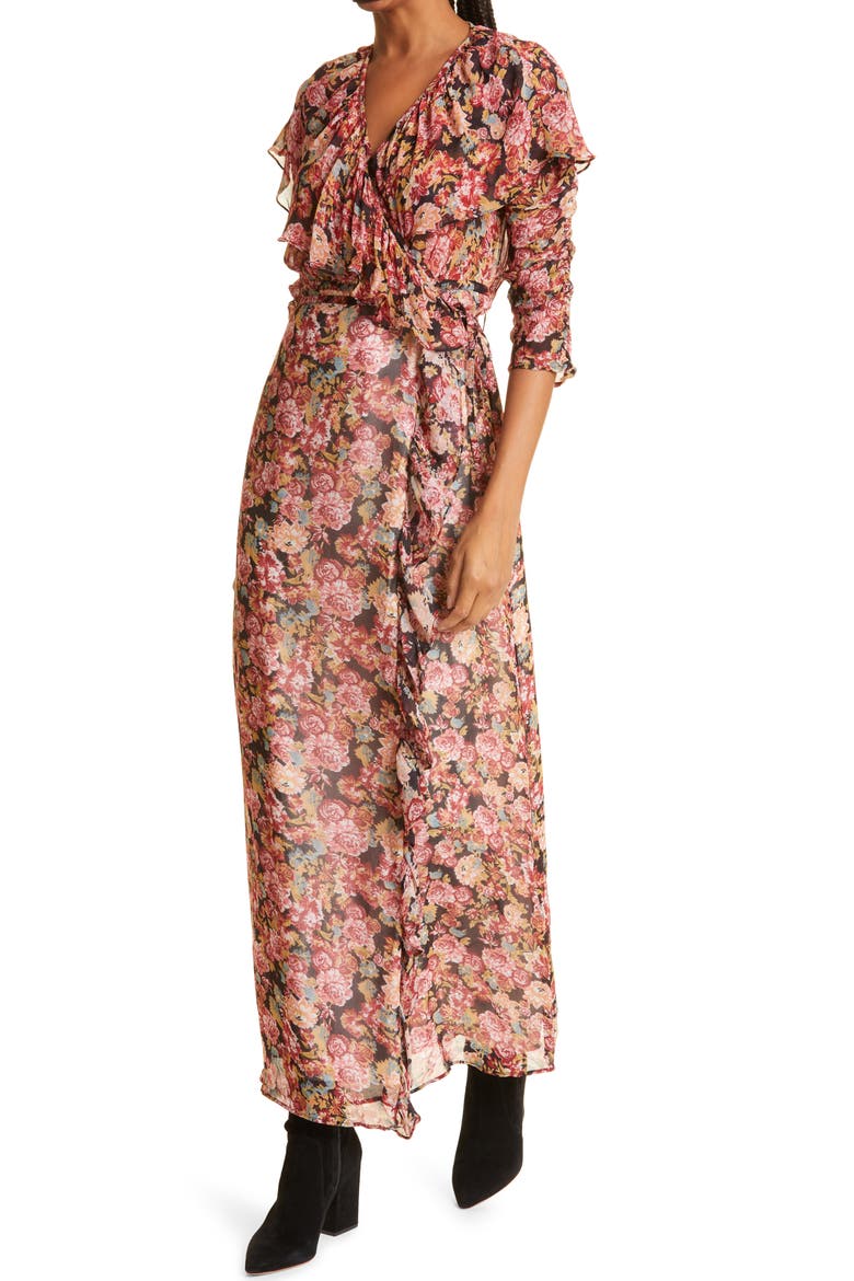 Georgette Three-Quarter Sleeve Wrap Dress, Alternate, color, NIGHT BOUQUET
