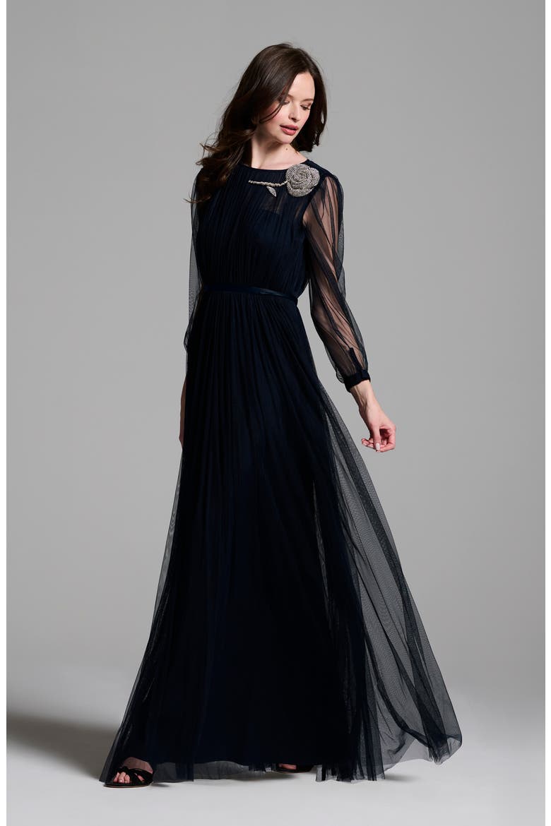 Long Sleeve Floral Appliqué Spanish Tulle Gown, Alternate, color, NAVY