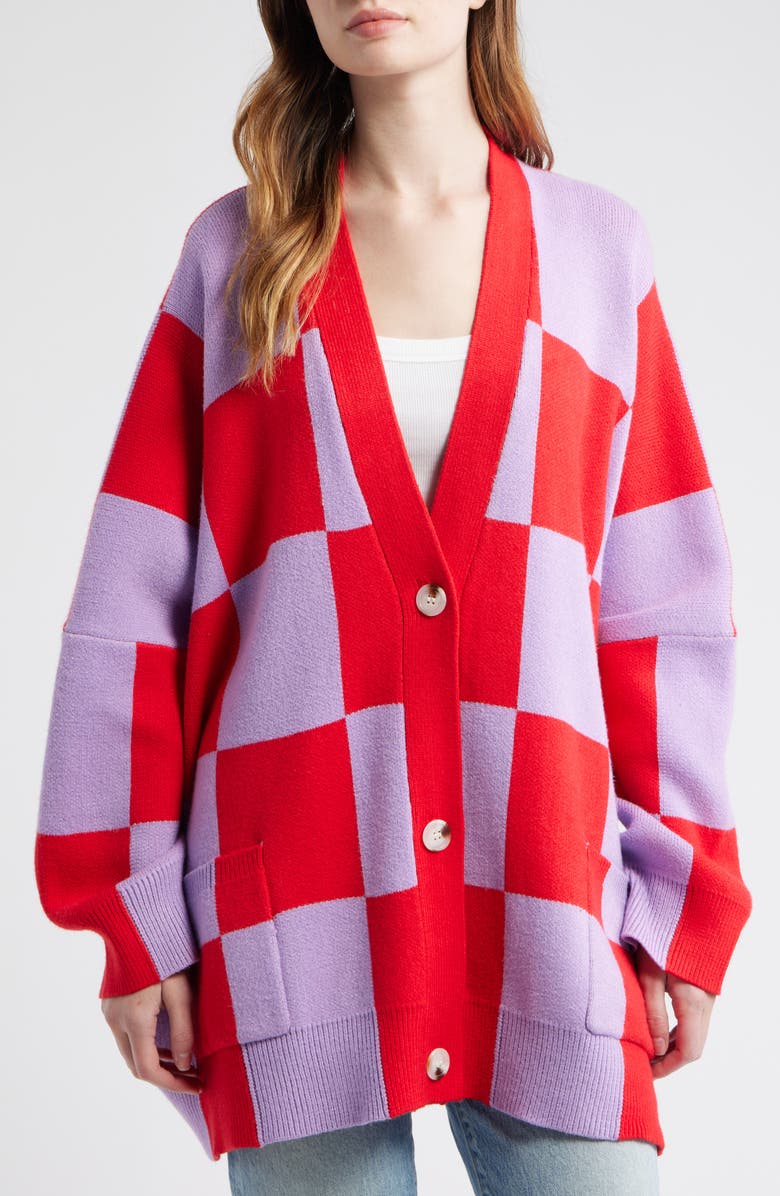 Dressed in Lala Love You Oversize Checkered Cardigan, Alternate, color, Red/ Lavender