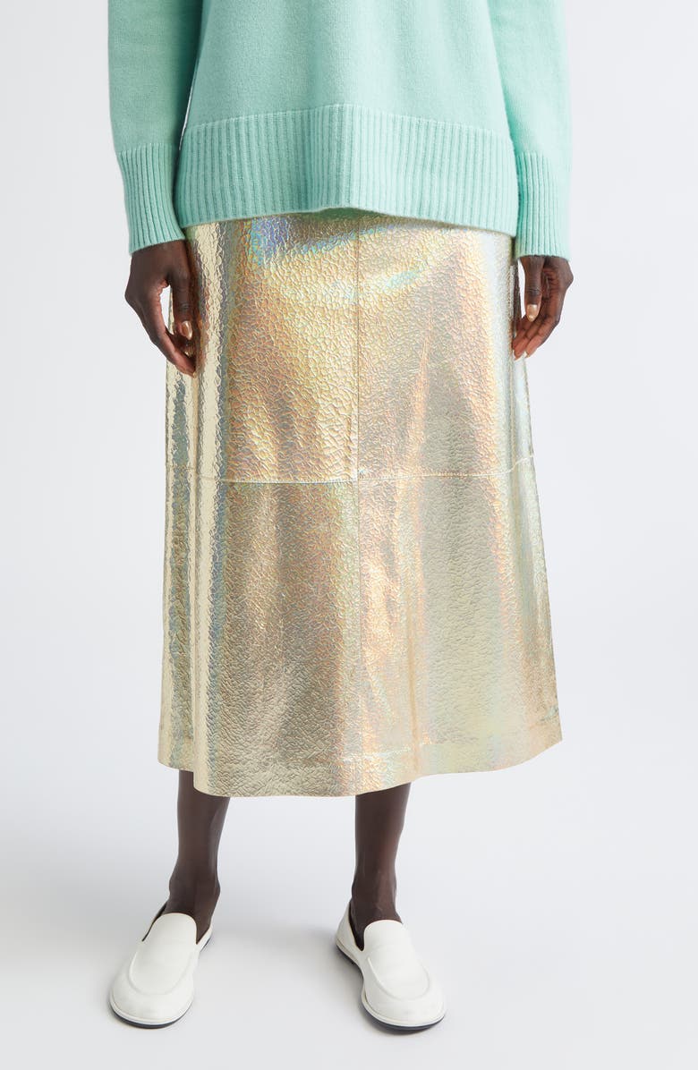 Lafayette 148 New York Metallic Stardust Suede A-Line Midi Skirt, Main, color, Halo Yellow Metallic