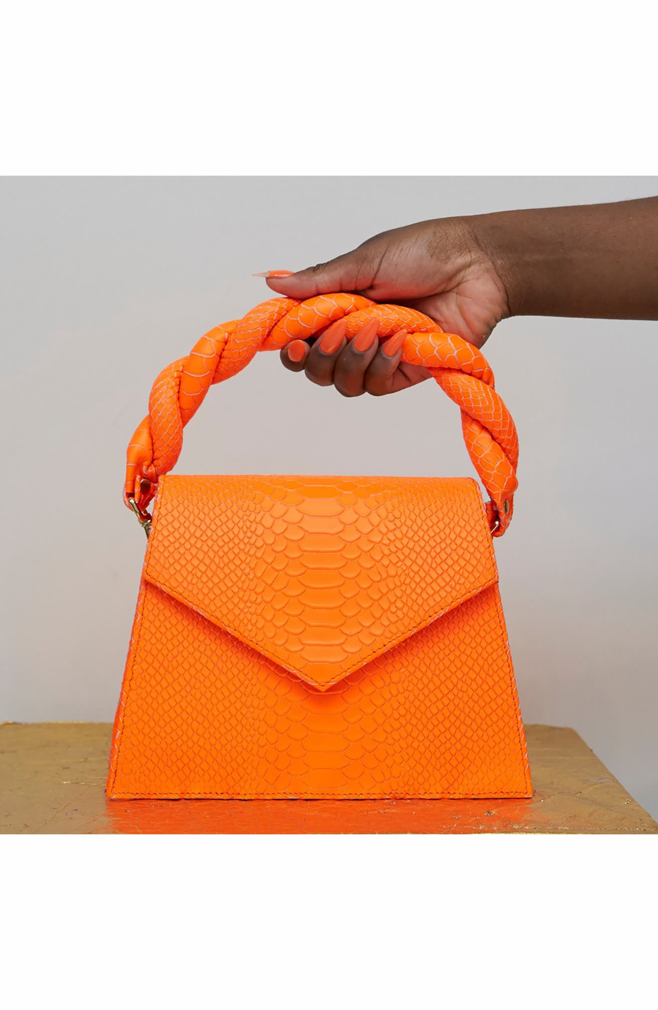 Grande Zaza Leather Top Handle Bag, Alternate, color, NEON ORANGE