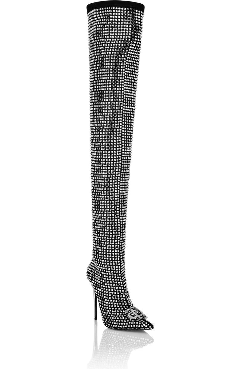 PHILIPP PLEIN Suede Strass Boots Hi-Heels Overknees Gothic Plein Women, Main, color, Black/Crystal