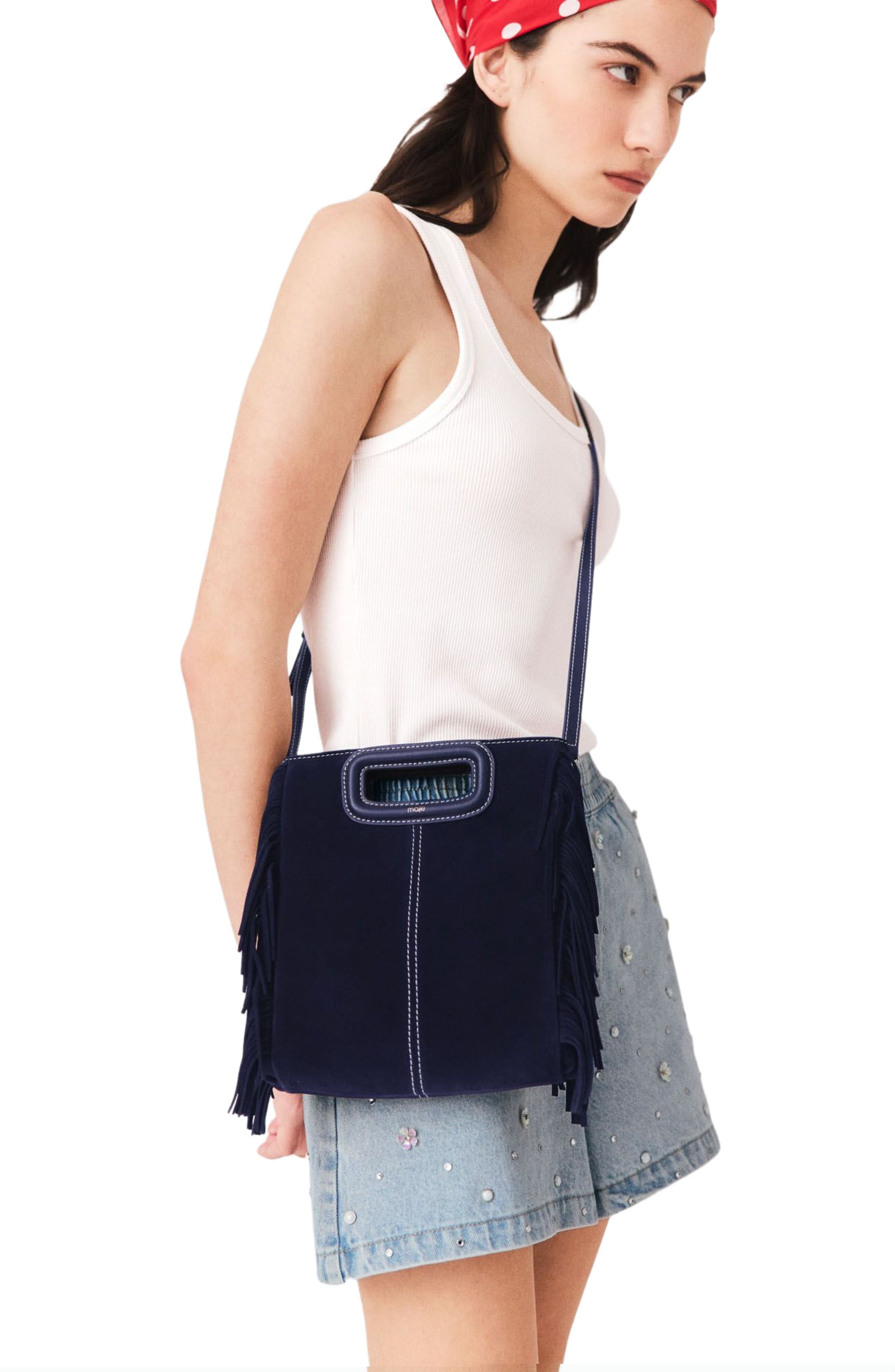 Topstitched suede M bag, Alternate, color, Marine blue