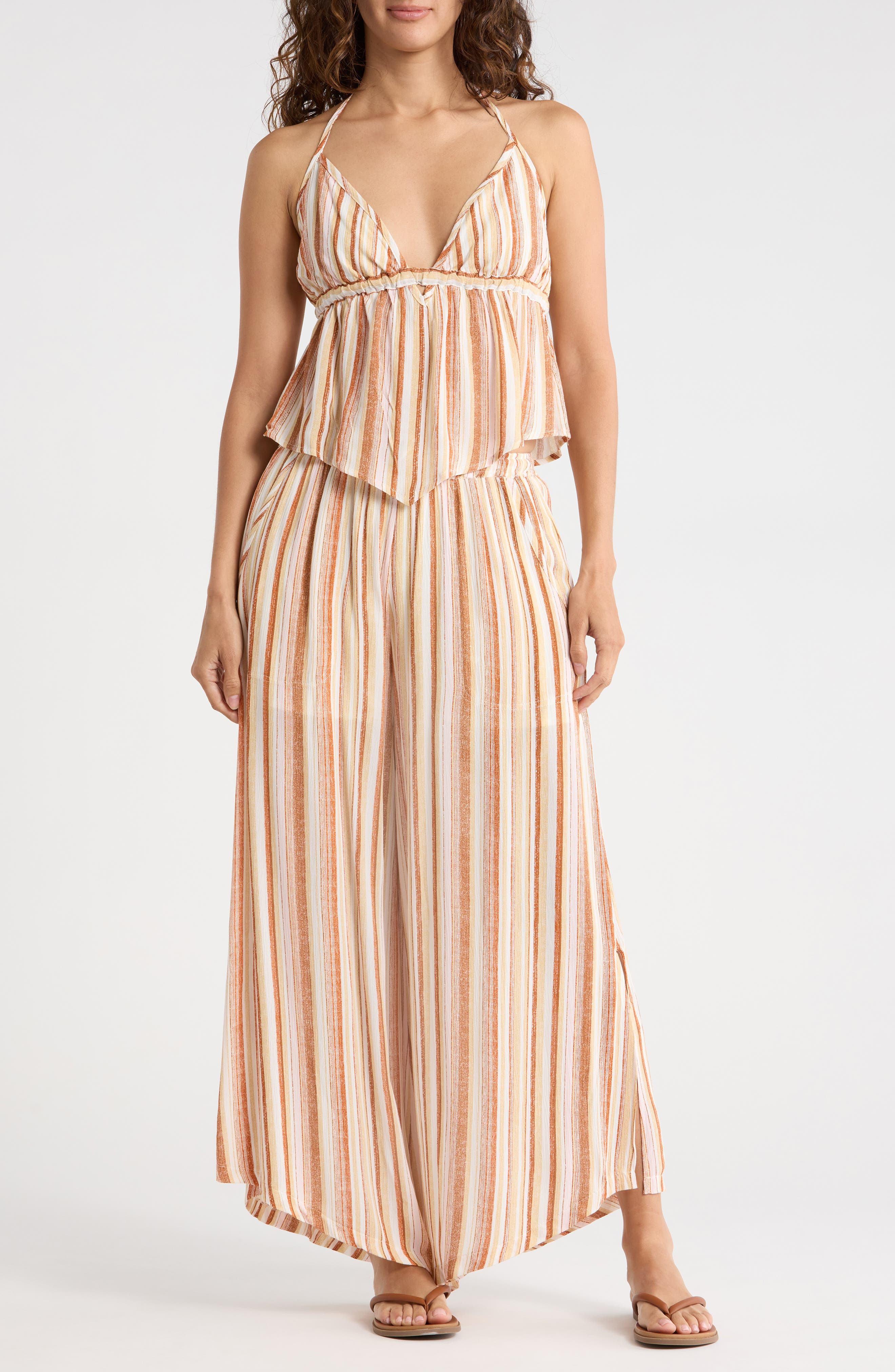 Madden Girl Stripe Halter Neck Crop Top & Pants Set