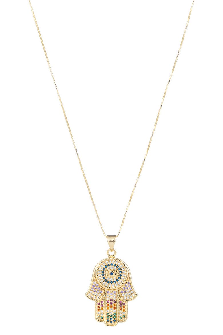 Clair Rainbow CZ Hamsa Pendant Necklace, Main, color, GOLD