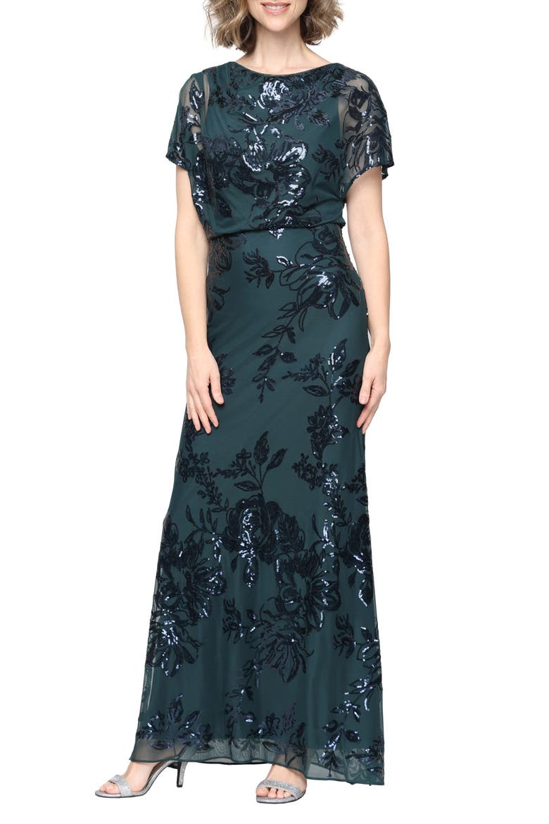 Sequin Blouson Bodice Gown, Main, color, GREEN