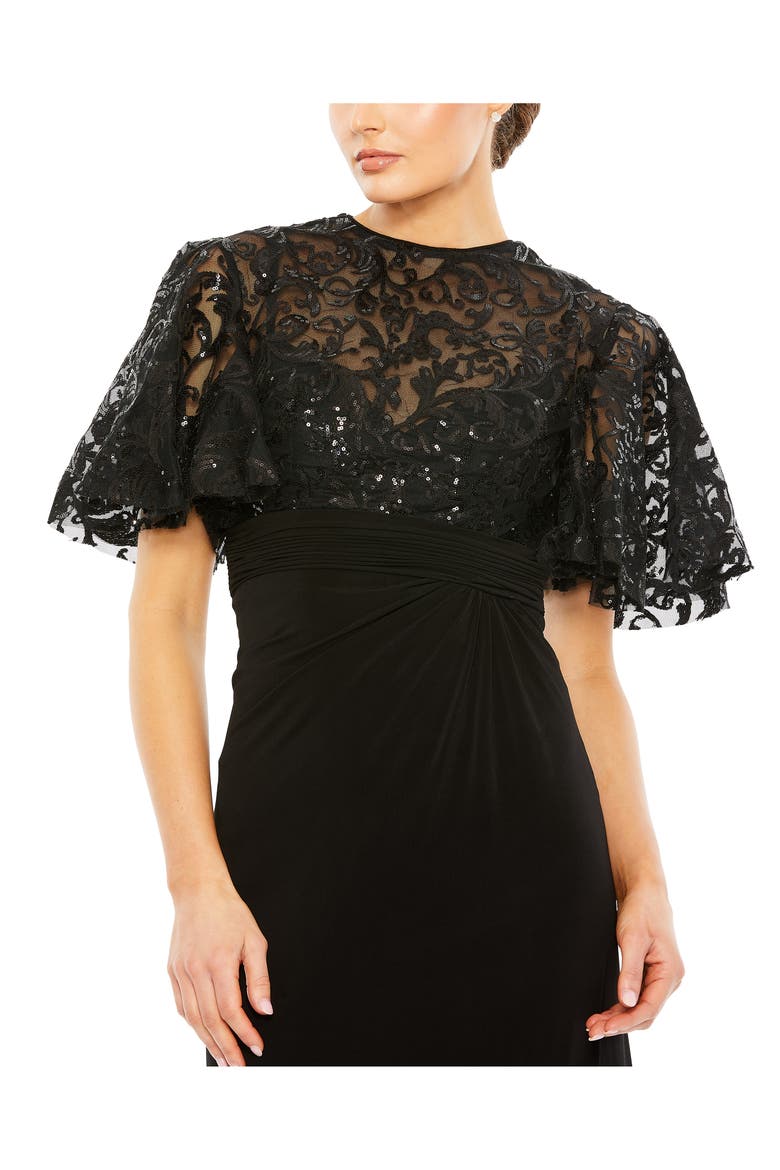 Embellished Butterfly Cape Sleeve Jersey Gown, Alternate, color, BLACK
