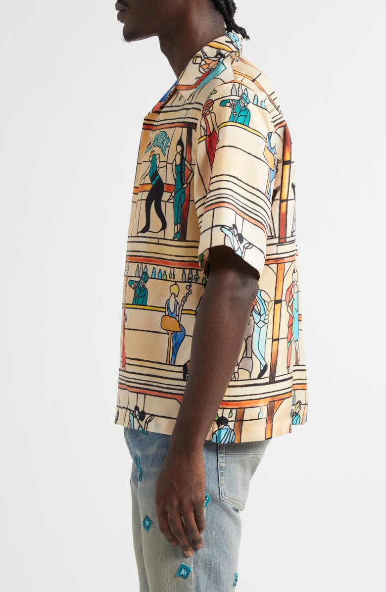 AMIRI Pool Hall Print Camp Shirt, Alternate, color, Sand