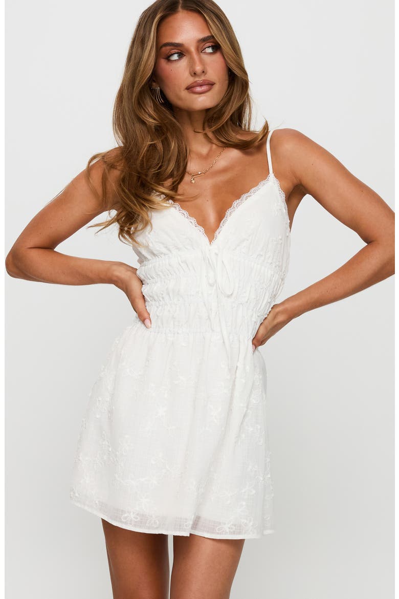 Stick Around Embroidered Shirred Mini Sundress, Alternate, color, WHITE