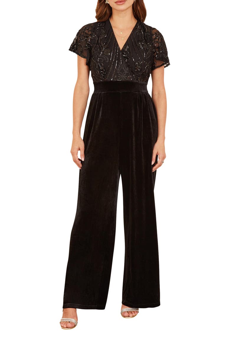 Wrap Sequin Embellished Velvet Jumpsuit, Alternate, color, Black