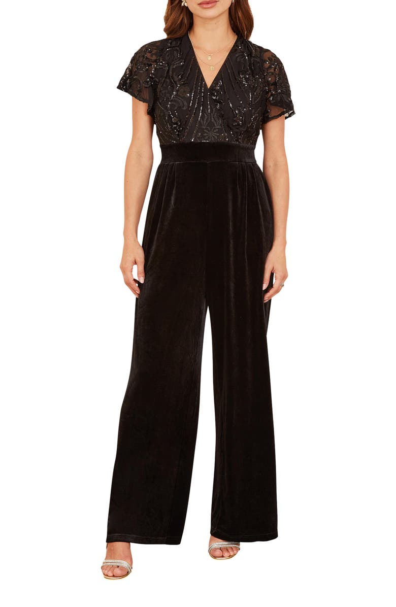 Yumi Wrap Sequin Embellished Velvet Jumpsuit, Alternate, color, Black