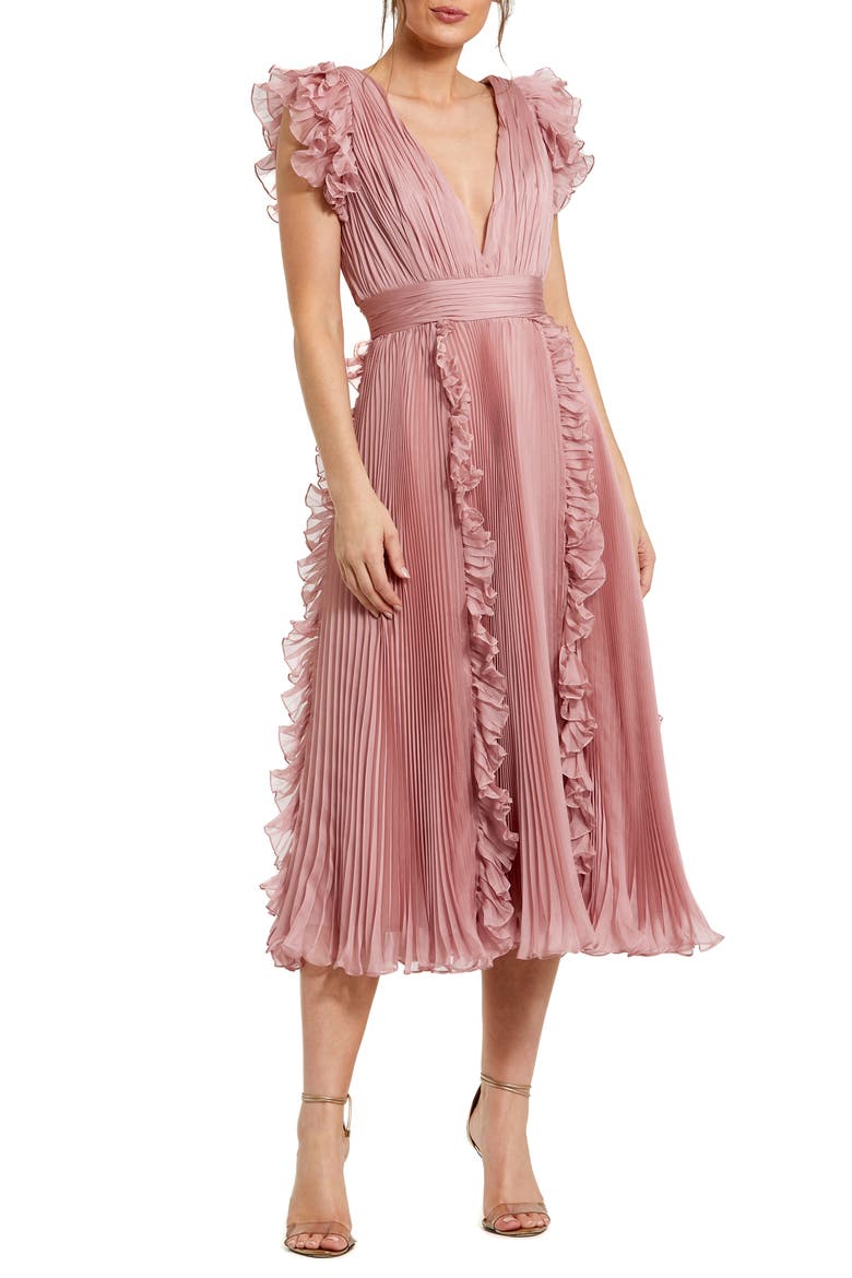Chiffon Ruffled Midi Dress with Pleated Detailing, Main, color, ROSE