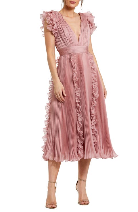 Chiffon Ruffled Midi Dress with Pleated Detailing