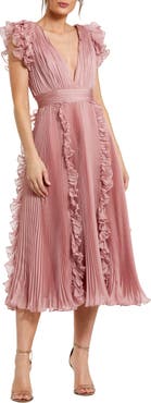 Mac Duggal Chiffon Ruffled Midi Dress with Pleated Detailing