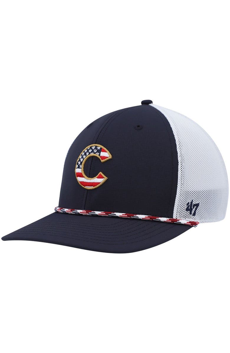 '47 Men's '47 Navy/White Chicago Cubs Flag Fill Trucker Snapback Hat, Main, color, 