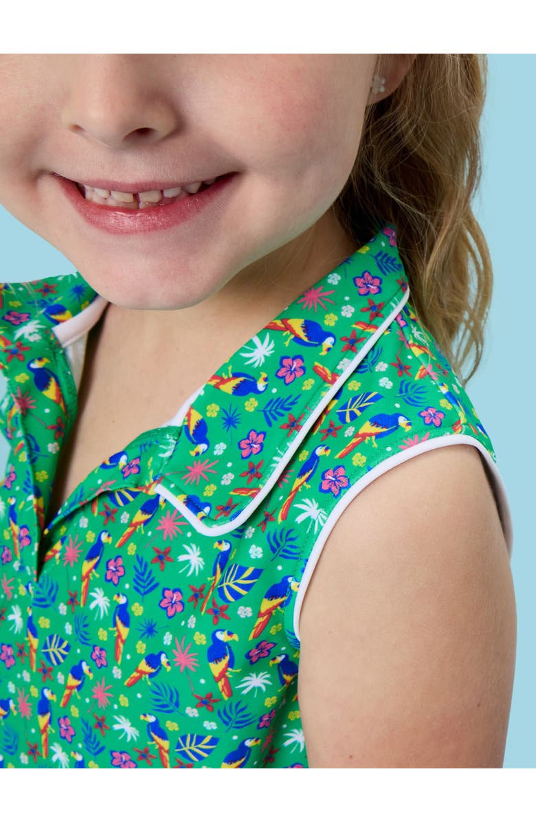 RuffleButts UPF50+ Sleeveless Polo Active Top, Alternate, color, Tiny Parrot Palms