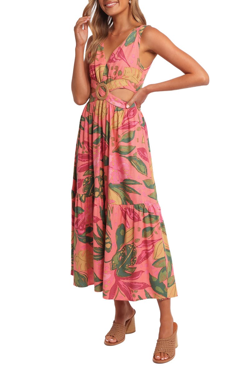 Petal & Pup Oasis Print Cutout Midi Dress, Alternate, color, Pink Rio