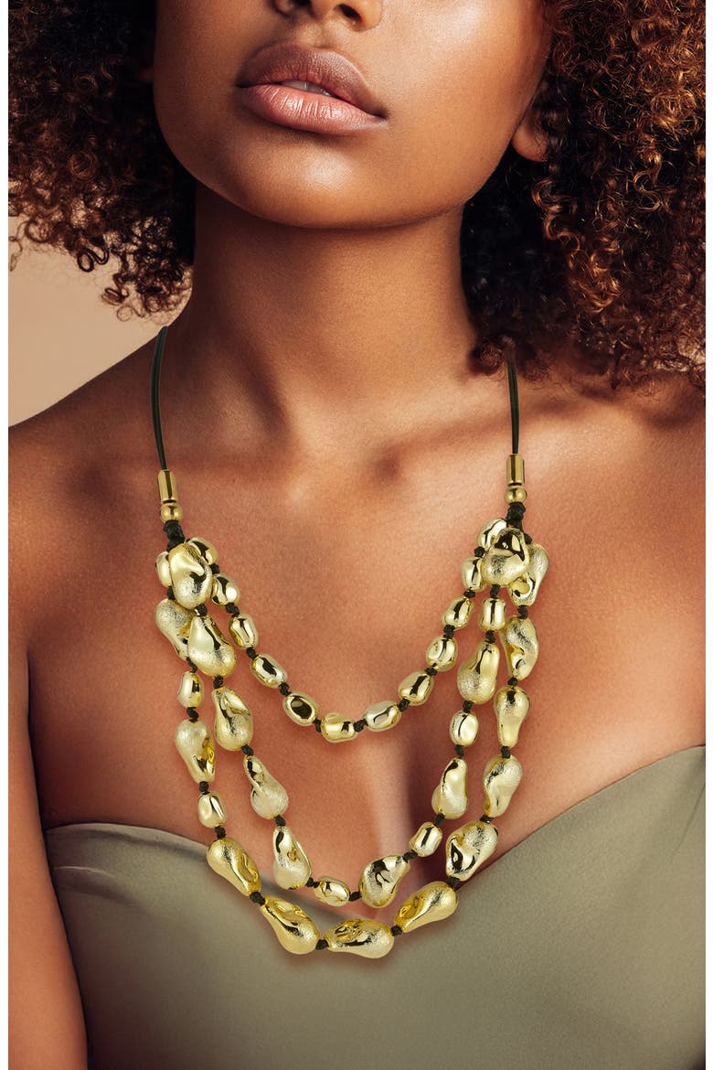 Goldtone Plate Three Strand Statement Necklace, Alternate, color, GOLD