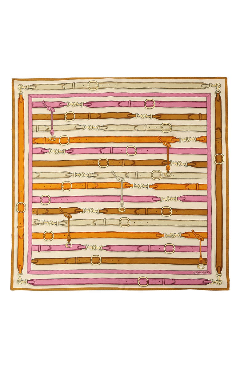 COACH Multi Belt Print Silk Square Scarf, Main, color, Honey Brown/ Multi