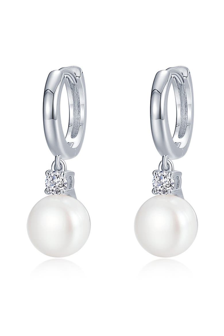 Freshwater Pearl & Simulated Diamond Drop Sterling Silver Huggie Hoops, Main, color, WHITE