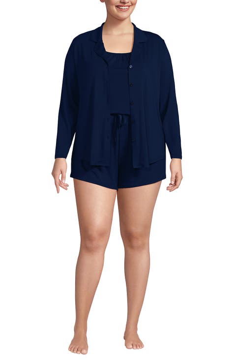 Plus Size Cooling 3 Piece Pajama Set - Long Sleeve Top Cami and Shorts