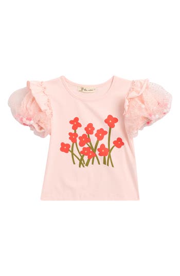 Doe A Dear Kids' Pom Pom Puff Sleeve Top In Pink