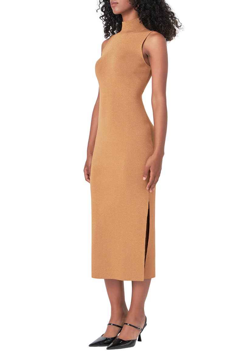 Metallic Mock Neck Body-Con Midi Dress, Alternate, color, CAMEL