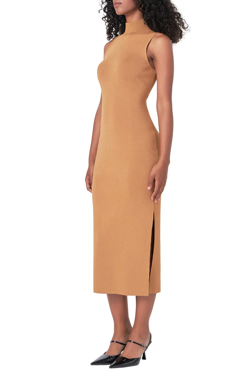 Endless Rose Metallic Mock Neck Body-Con Midi Dress, Alternate, color, Camel