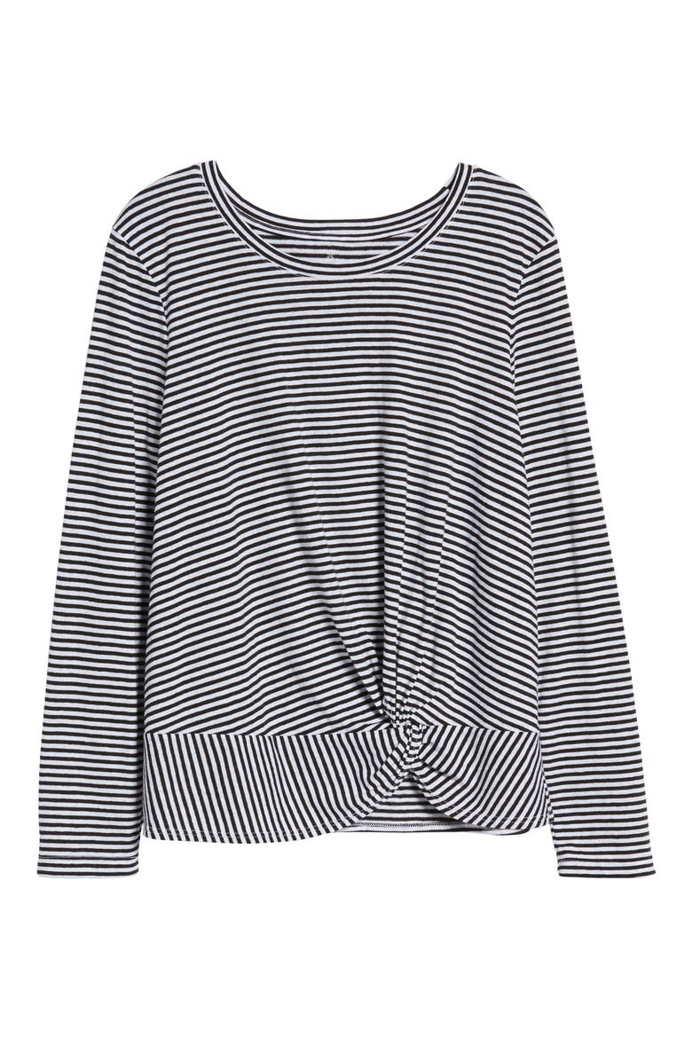 Long Sleeve Front Knot Tee, Alternate, color, BLACK- WHITE EVEN STRIPE