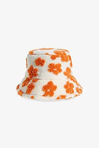 A floral-print bucket hat.