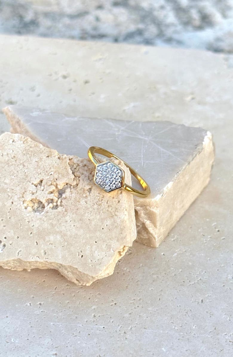 Adornia 14K Gold Plated Pavé Cubic Zirconia Mini Hexagon Ring, Alternate, color, Gold