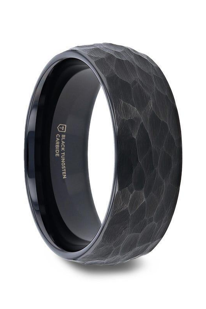 RENEGADE Domed Hammered Black Tungsten Carbide Brushed Wedding Band, Main, color, Black 6mm
