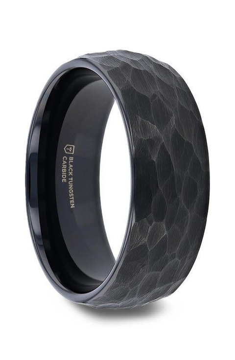 RENEGADE Domed Hammered Black Tungsten Carbide Brushed Wedding Band