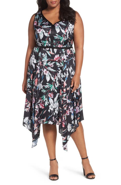 Print Satin Chiffon Handkerchief Dress (Plus Size)