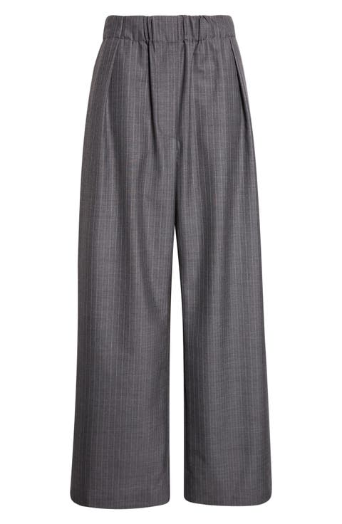 Pleated Pinstripe Elastic Waist Wool Wide Leg Pants