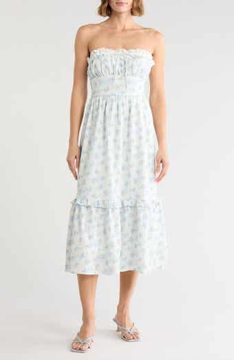 Floral Strapless Ruffle Hem Midi Dress