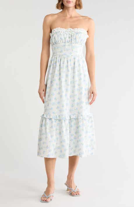 Floral Strapless Ruffle Hem Midi Dress