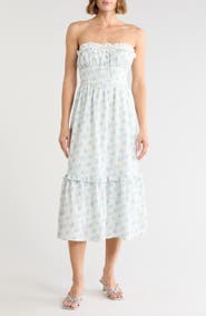 Lush Floral Strapless Ruffle Hem Midi Dress