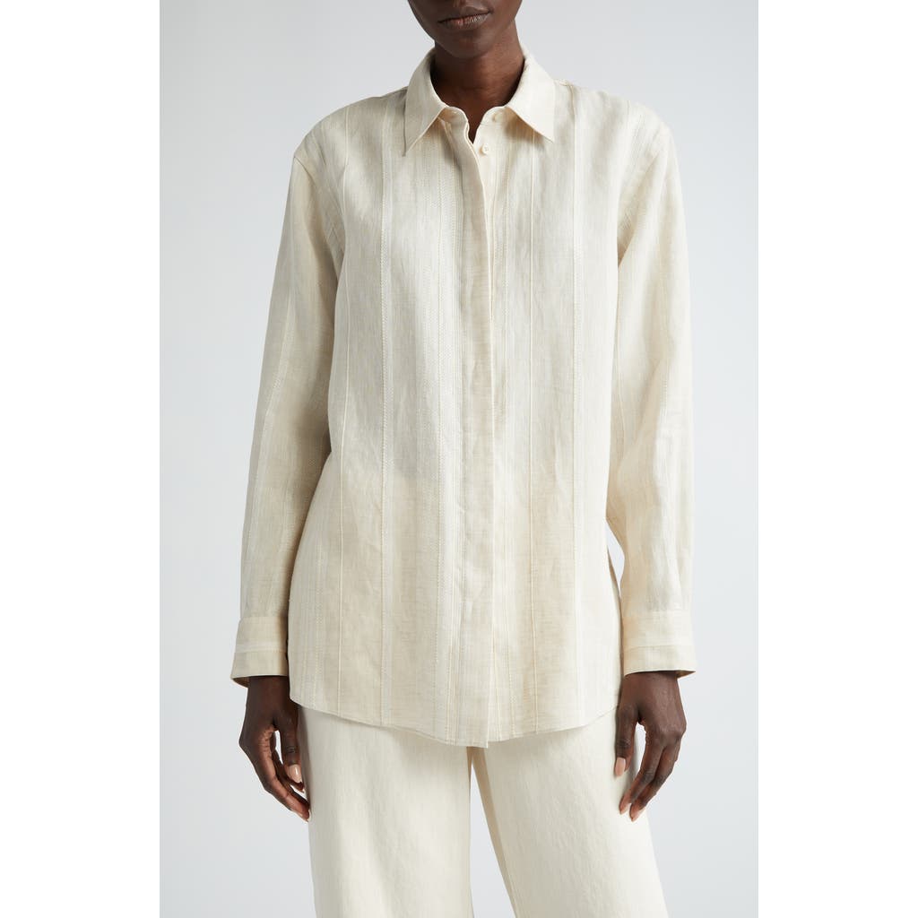 Lafayette 148 New York Oversize Stripe Linen & Cashmere Shirt In Gray